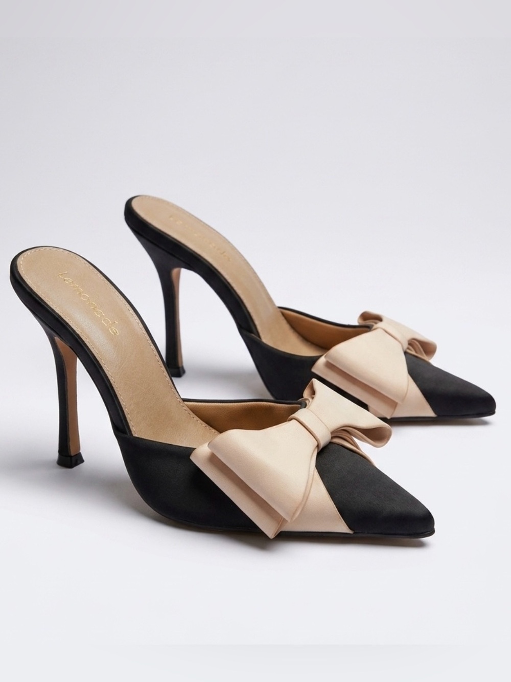 Lemonade NWOB Satin Pointed-Toe Mules w/Cream Bow Accent, 7